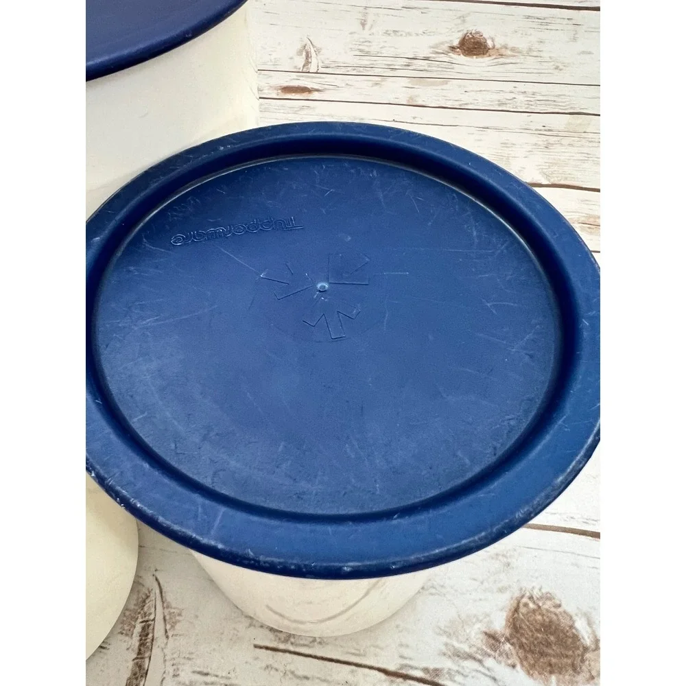 Tupperware Canister Set White Navy Blue Vintage Airtight Storage 3pc Set